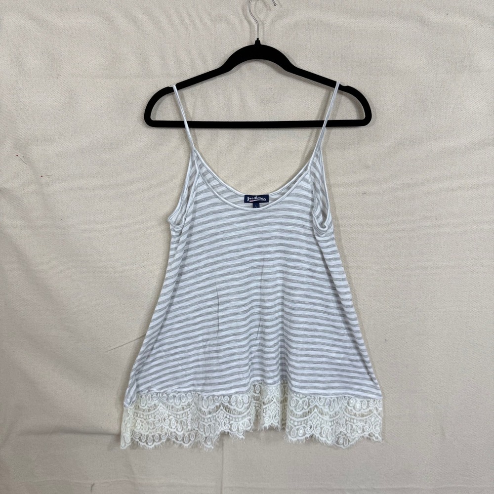 Freshman 1996 Womens Gray White Striped Lace Trim Cami Tank Top Large